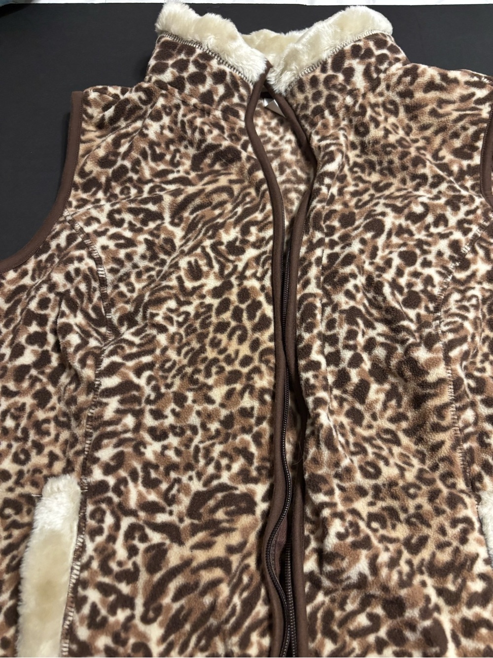 NWT Sport Savvy 1X Leopard Animal Print Fleece Vest Faux Fur Trim QVC